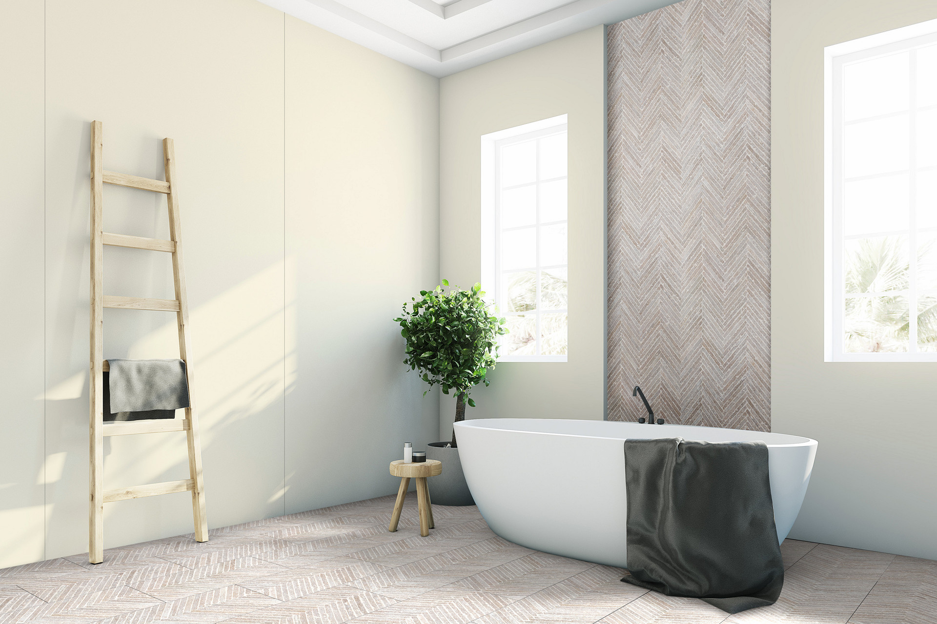 0564 Almond SPC wall panel from the Rocko Tiles collection – used in bathroom with a second decorative panel