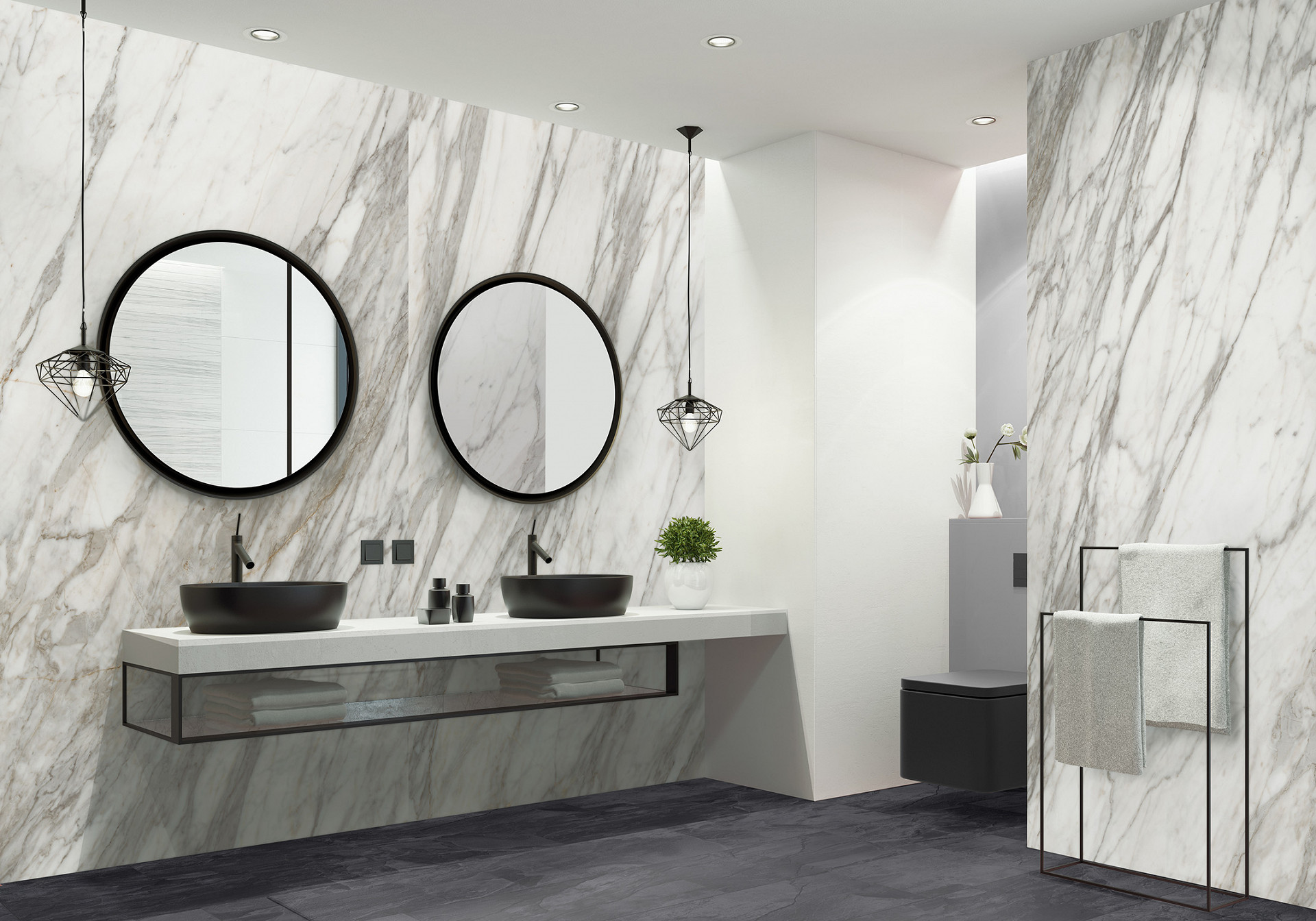 Venato Nature R102 PT SPC wall panel in modern bathroom – light and clean marble aesthetic