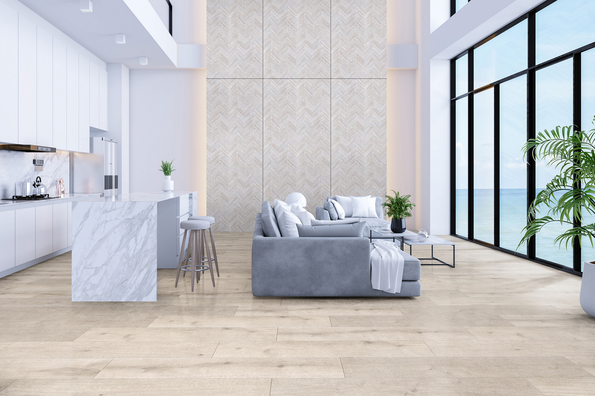 Modern bright living room complemented by R078 Airflow 5+1 SPC flooring