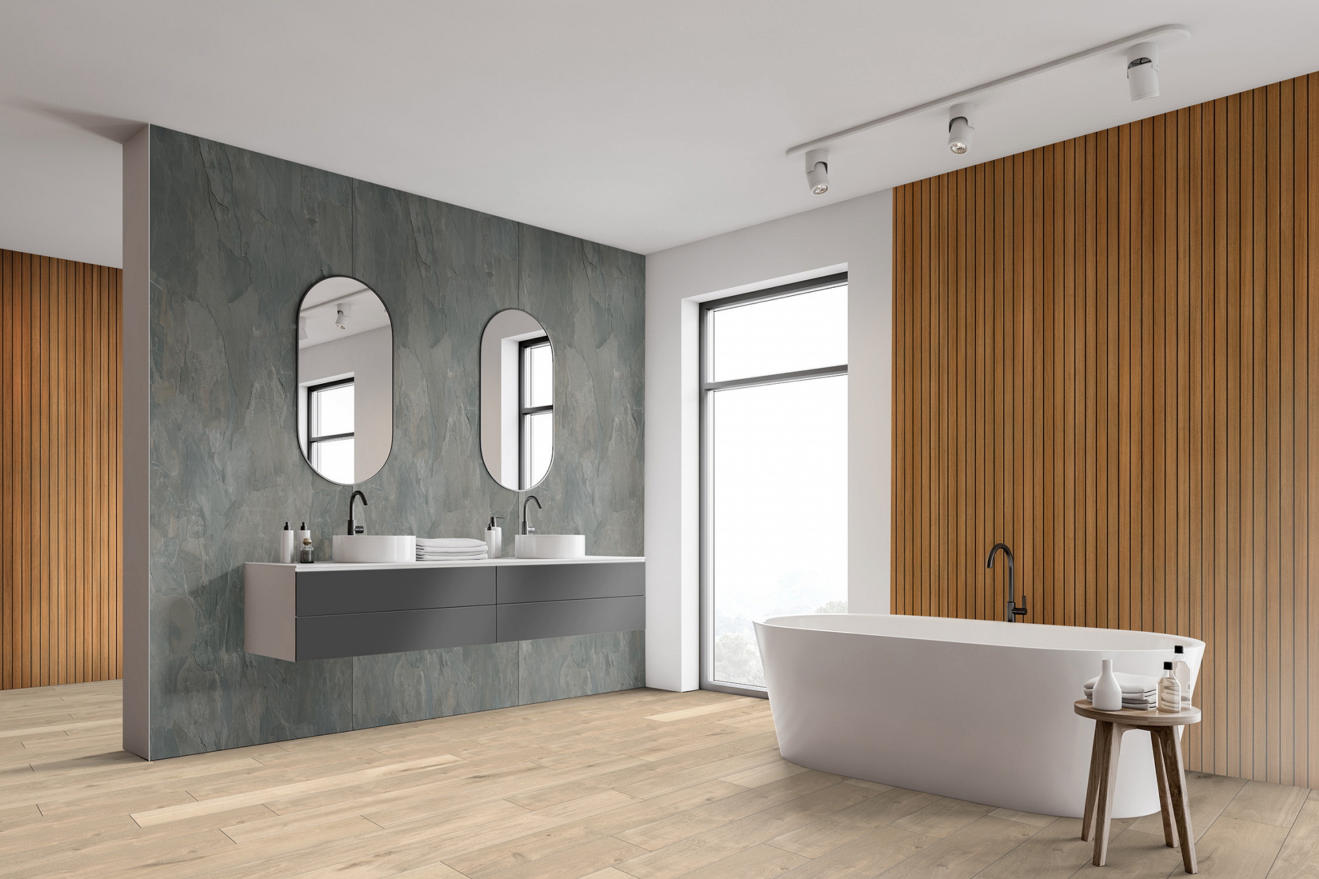 R122 Yacht Wood wall panel Rocko Tiles collection in spacious bathroom – wood-look accent behind freestanding bathtub