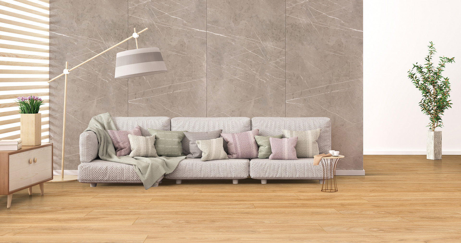 Cozy living room with '5947 Historic Oak' flooring, providing a beautiful contrast to a soft-hued sofa.