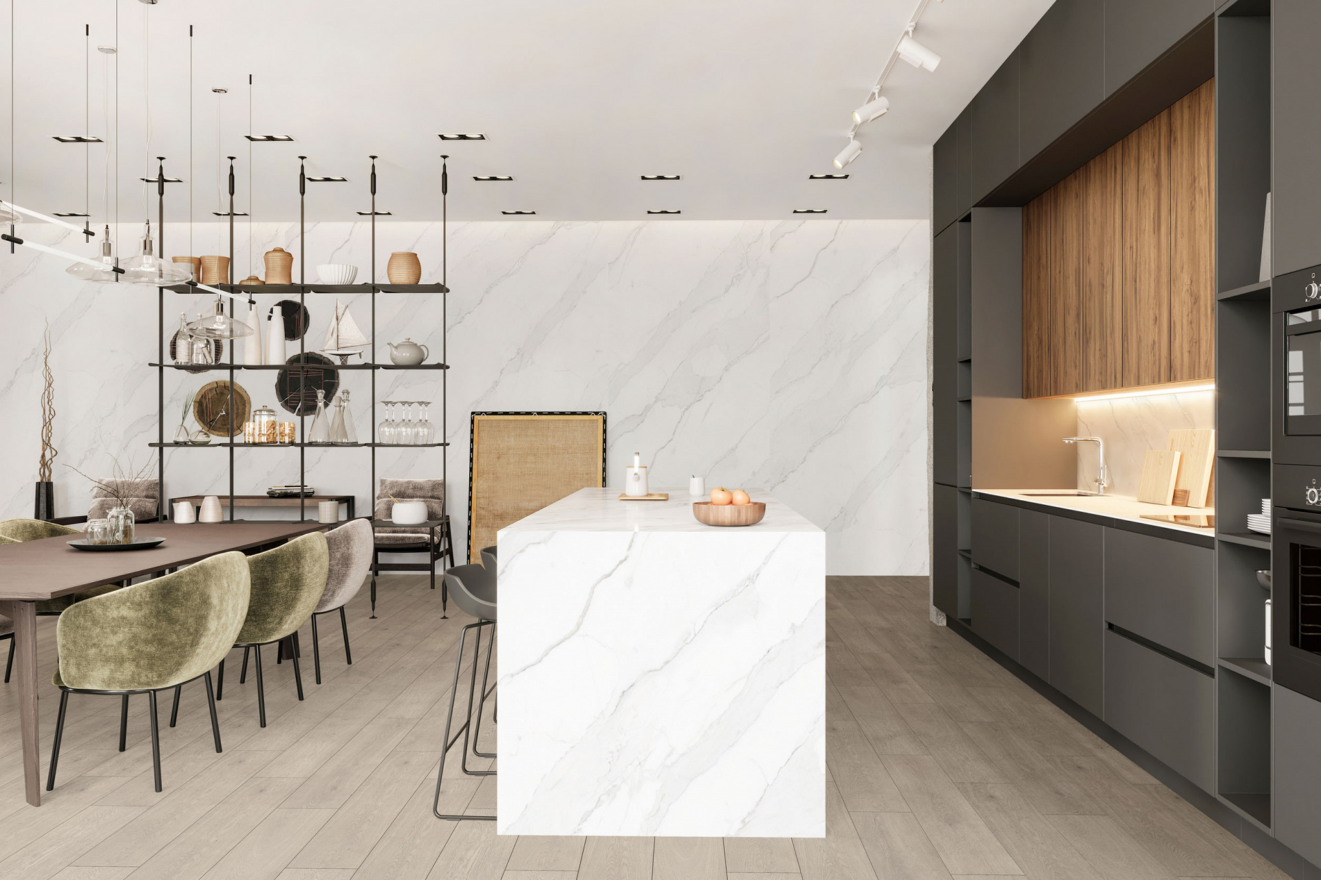 Calacatta Olympus K551 wall panels covering multiple kitchen walls – striking black and wood contrast