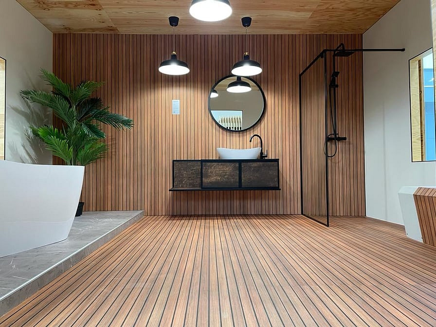 Idea of bathroom with Yacht Wood panel Rocko Tiles collection on floor and wall