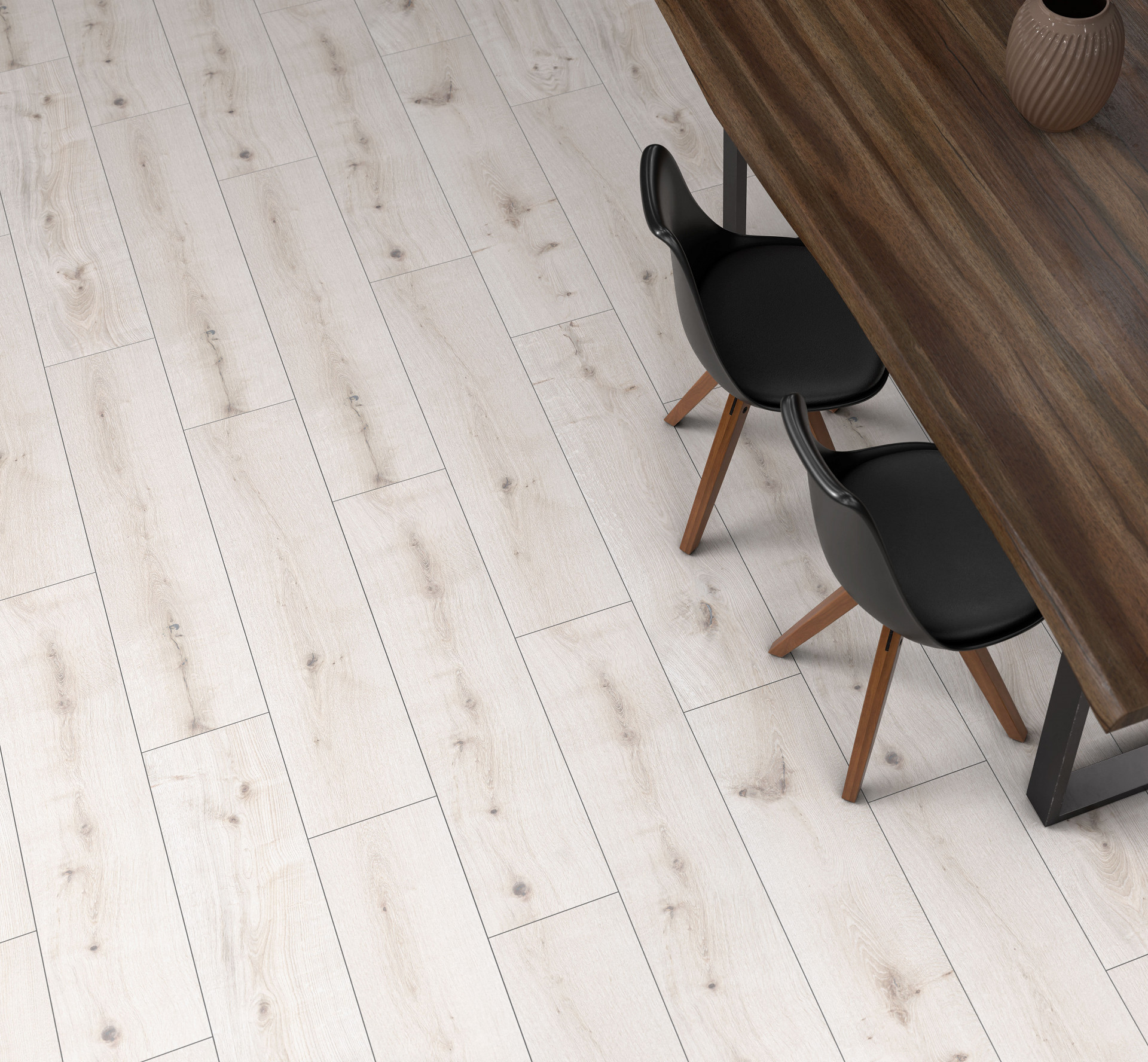 Top-view of a dining room with Rocko Wide SPC flooring White Poppy R129 – bright and spacious feel.