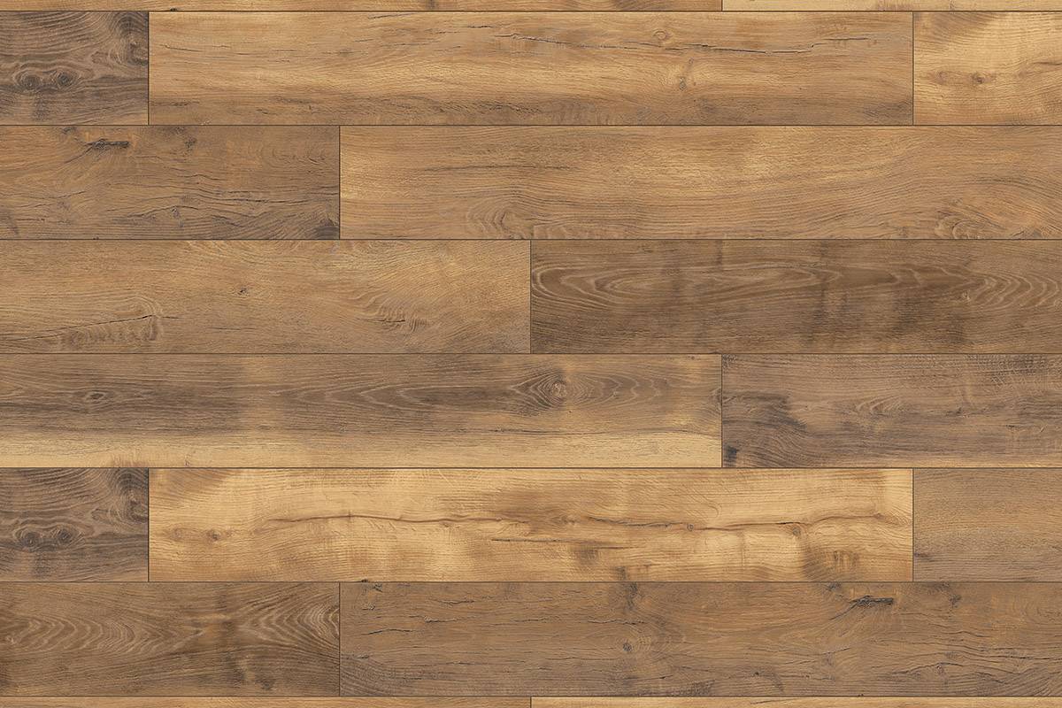 Close-up of 'K412 Doubloon Oak' flooring highlighting detailed oak-like grain patterns and golden-brown hues.