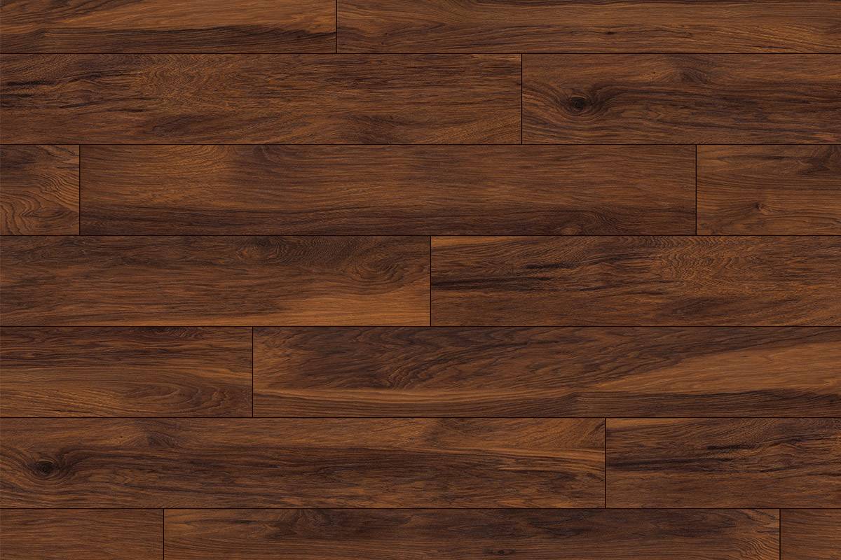 Close-up of '8156 Red River Hickory' flooring highlighting detailed hickory-like grain patterns and reddish-brown hues.