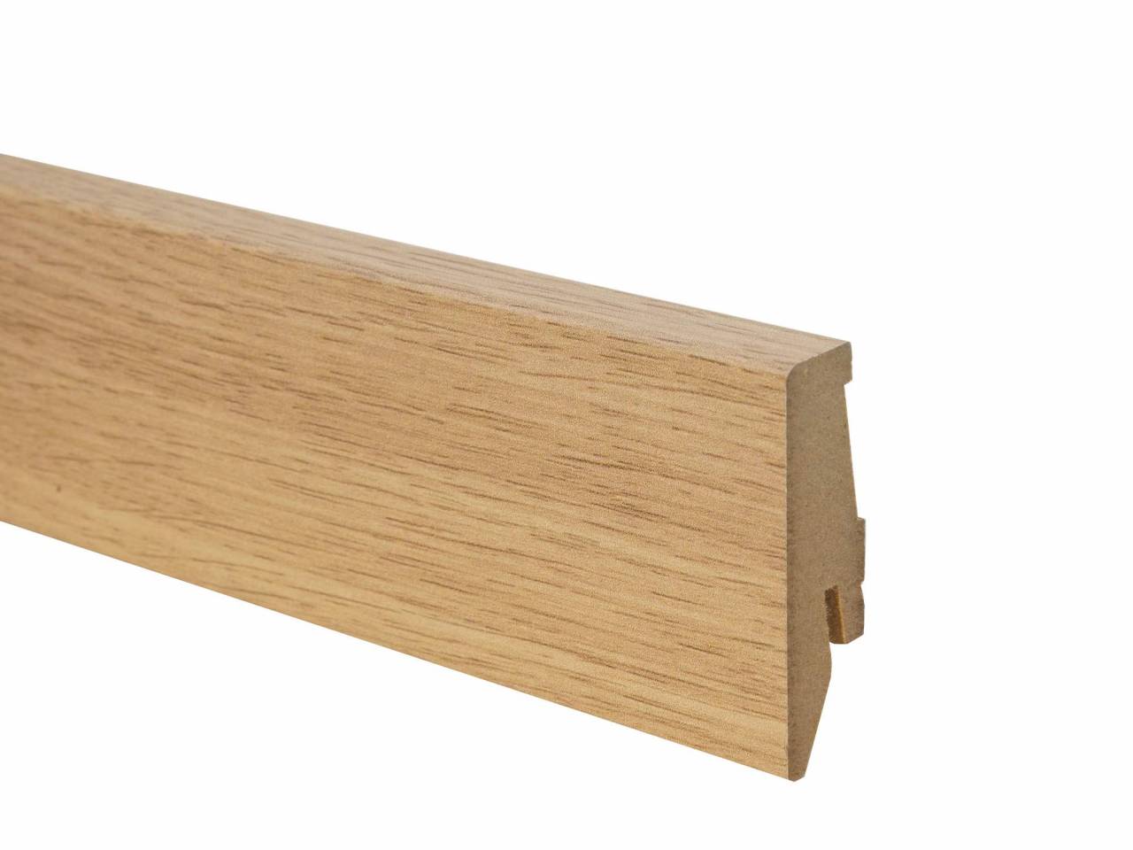 MDF wood floor sill 8220 with cable channel and height 58 mm. Suitable for laminate flooring in yellow-beige colour.