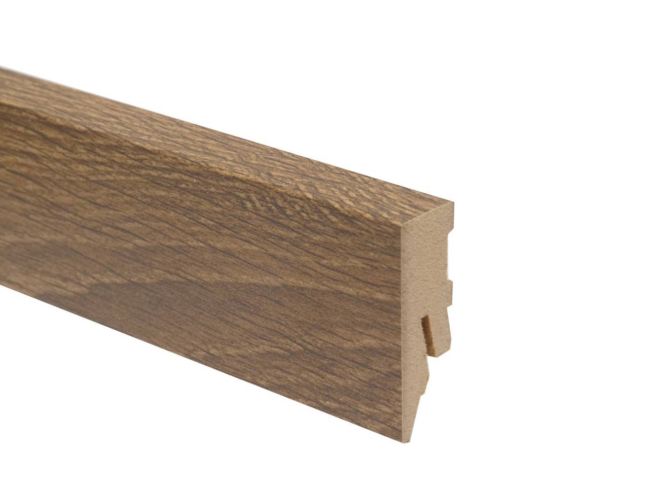 MDF wood floor skirting board 67235 with cable channel and height 50 mm. Suitable for laminate flooring in brown colour.
