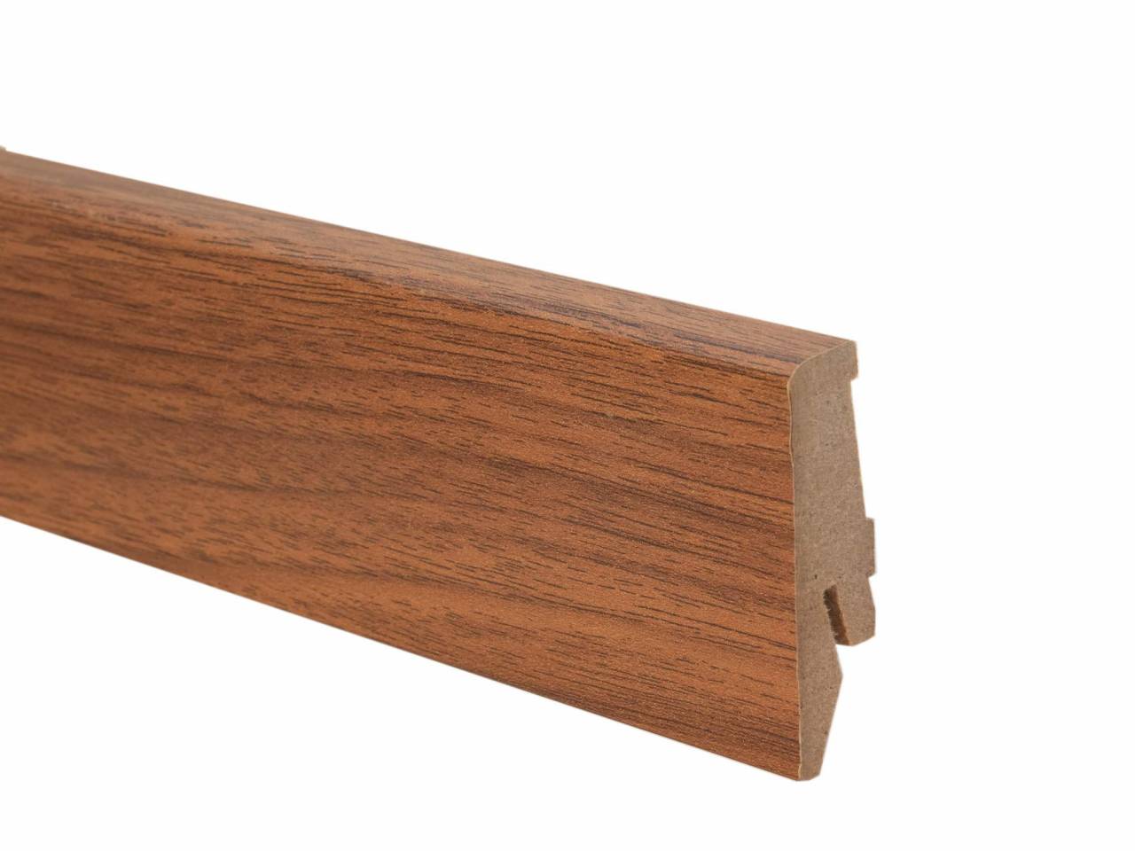 MDF wood floor sill with cable channel and height 58 mm. Suitable for laminate flooring in brown colour. Length 2.6 m.