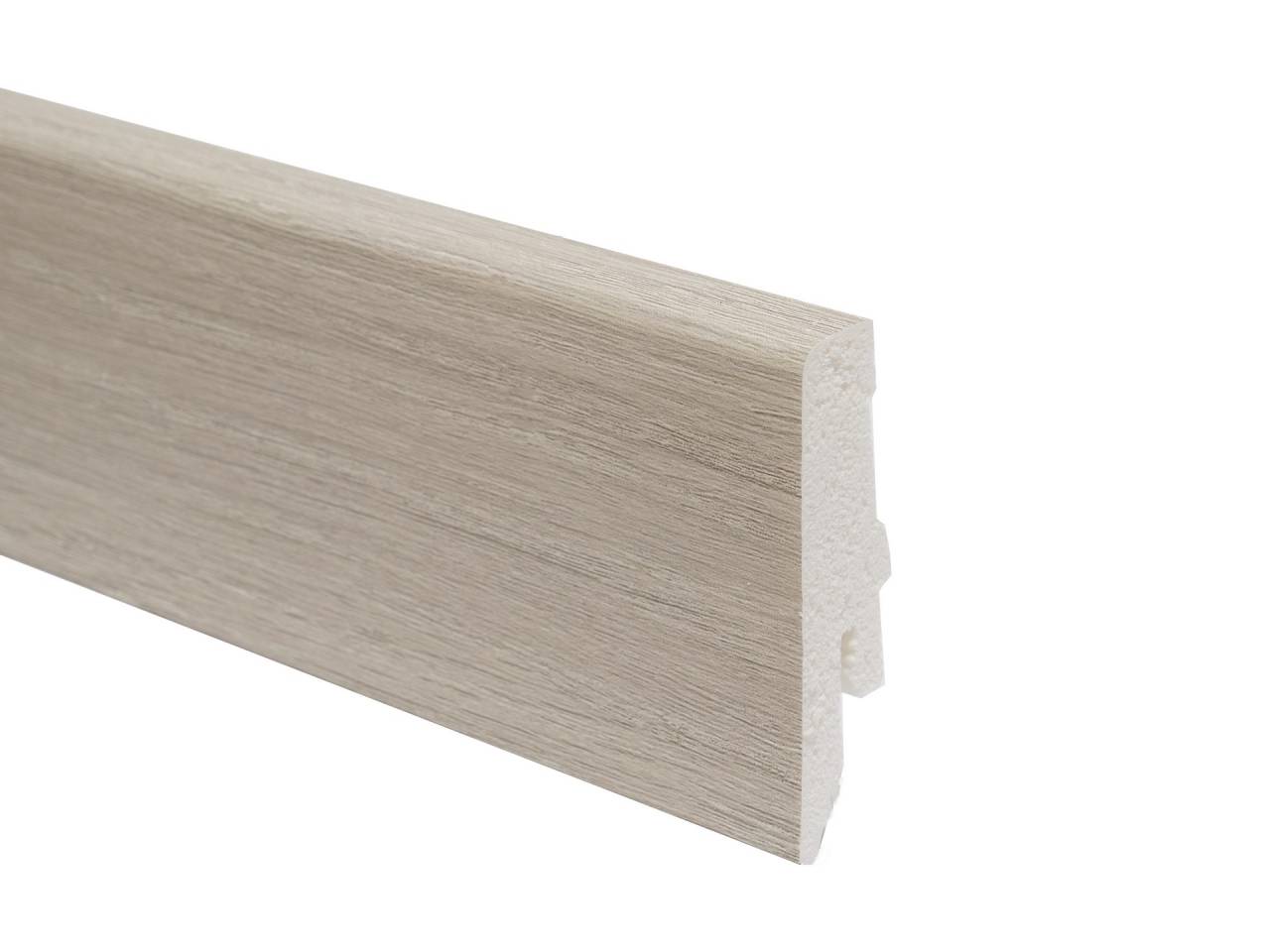 PVC floor skirting L014 with cable channel and height 58 mm, suitable for vinyl flooring in grey colour. Length 2.4 m.