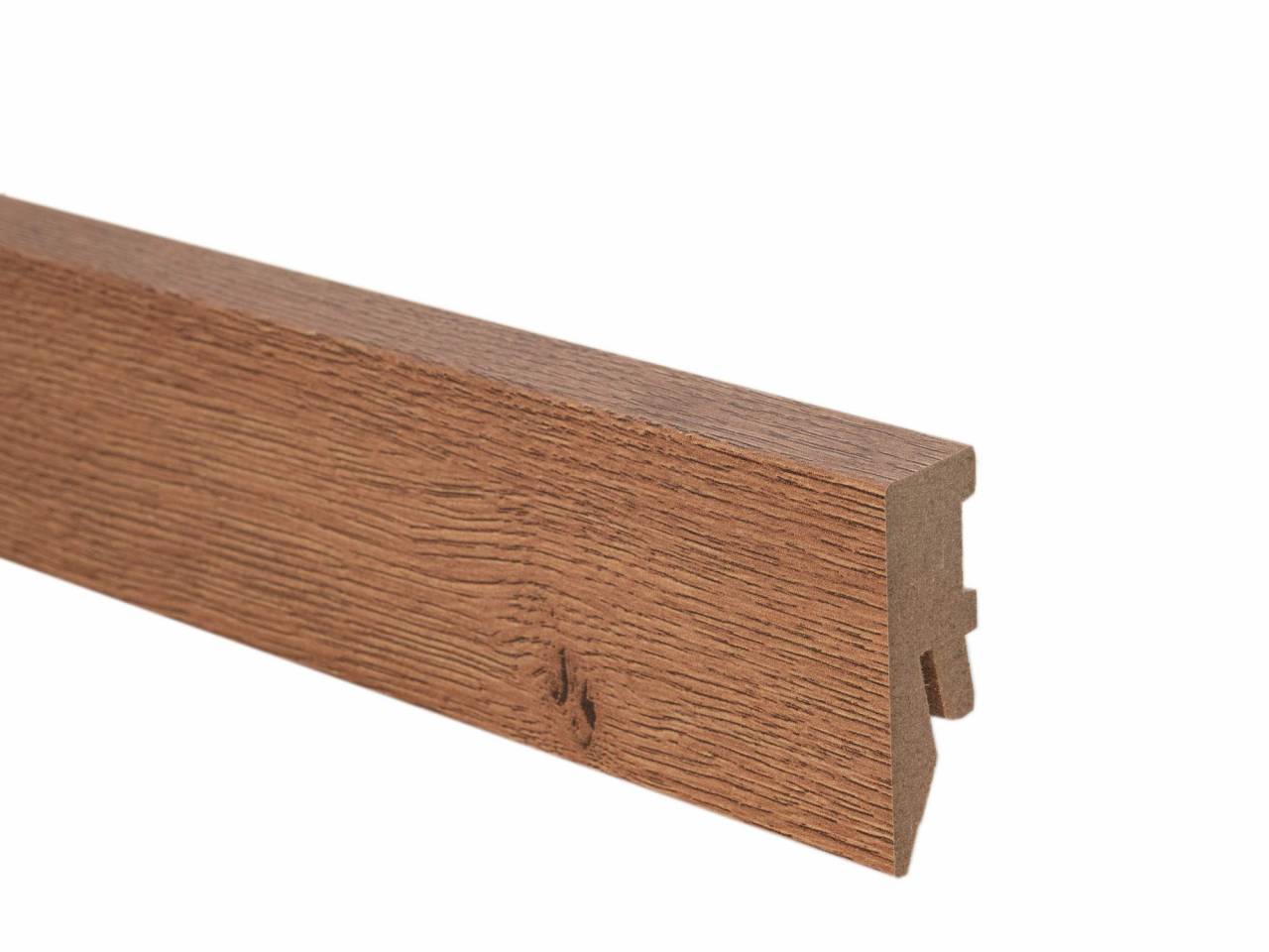 MDF wood floor sill 67226 with cable channel and height 50 mm. Suitable for laminate flooring in brown colour.