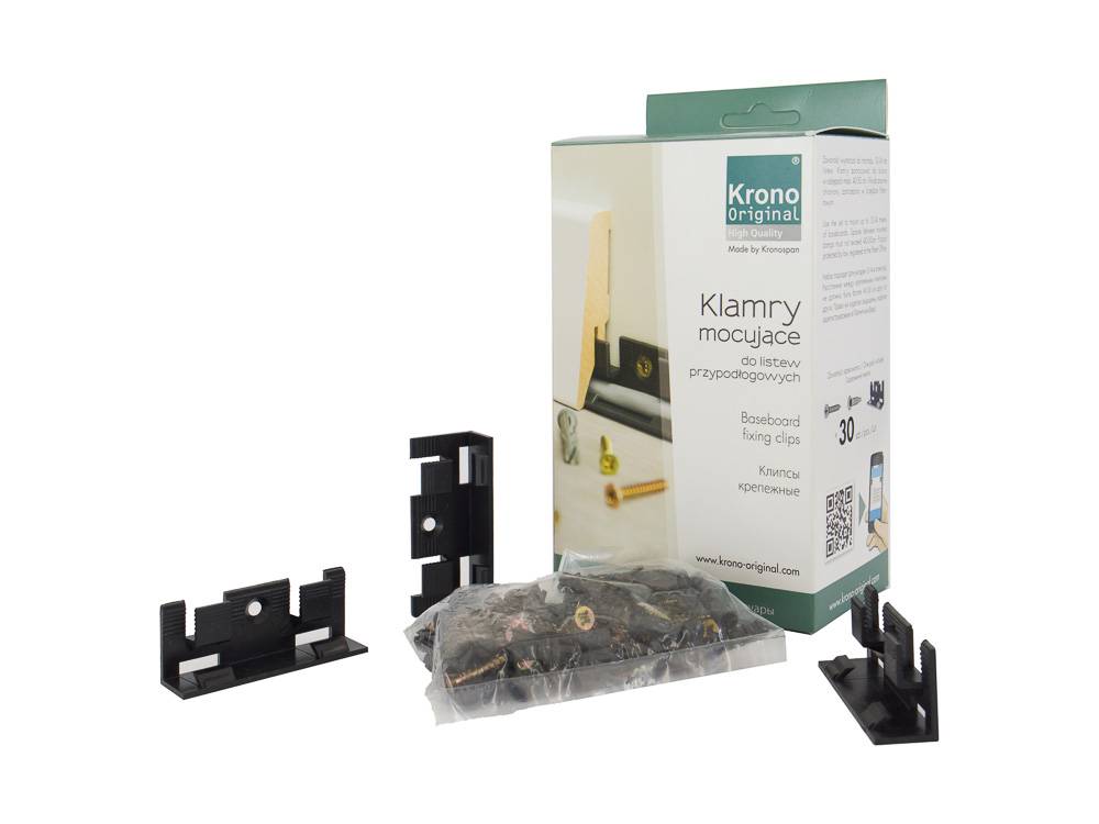 Mounting clips for skirting boards.One pack contains 30 pcs. The necessary screws and dowels are also included.