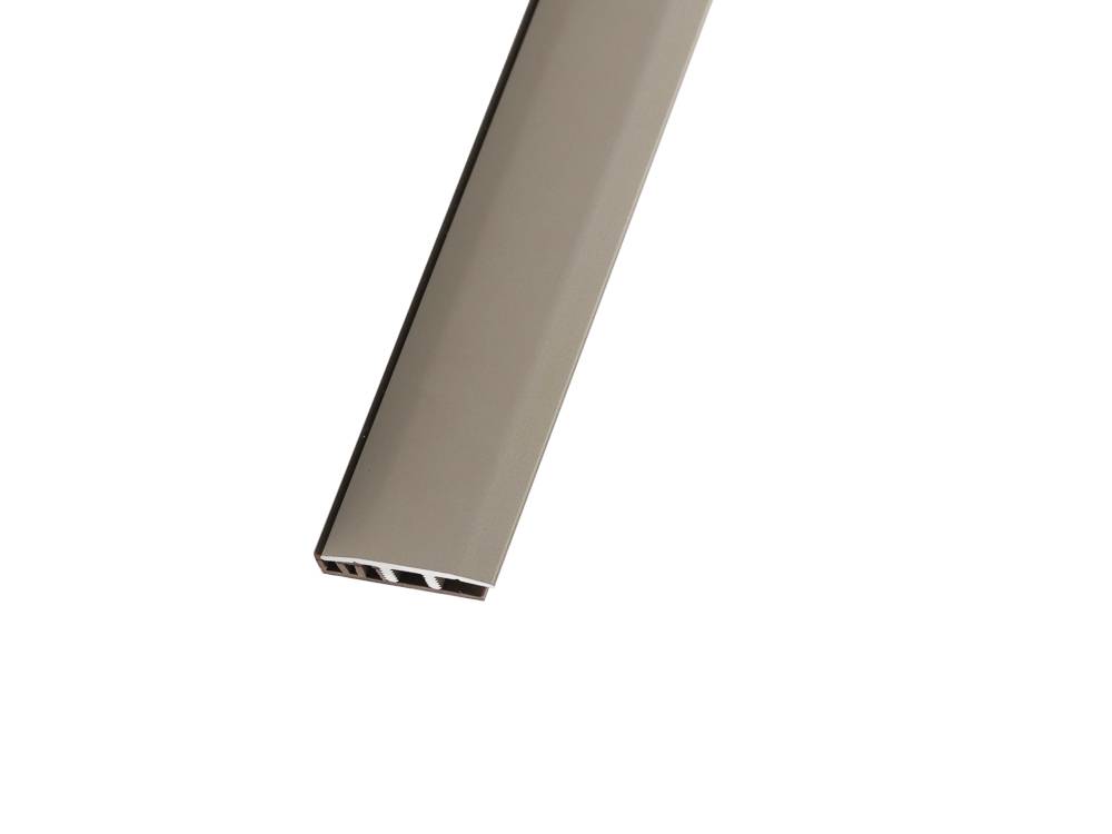 Transitional click-profile moulding 2700mm long and steel colour for joining vinyl and SPC flooring of the same height.