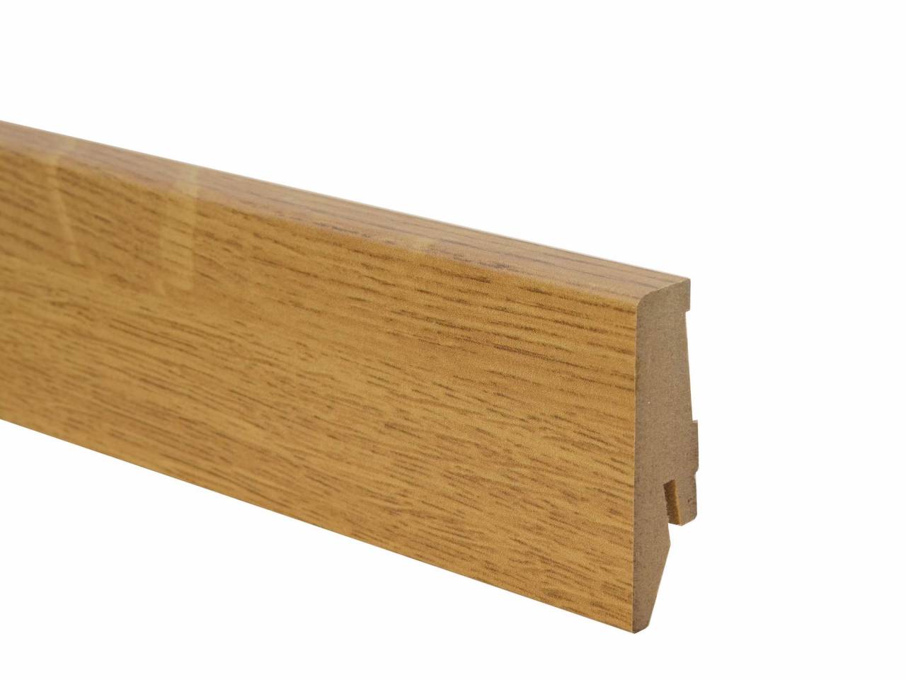 MDF wood floor sill Z078 with cable channel and height 58 mm. Suitable for beige laminate flooring.