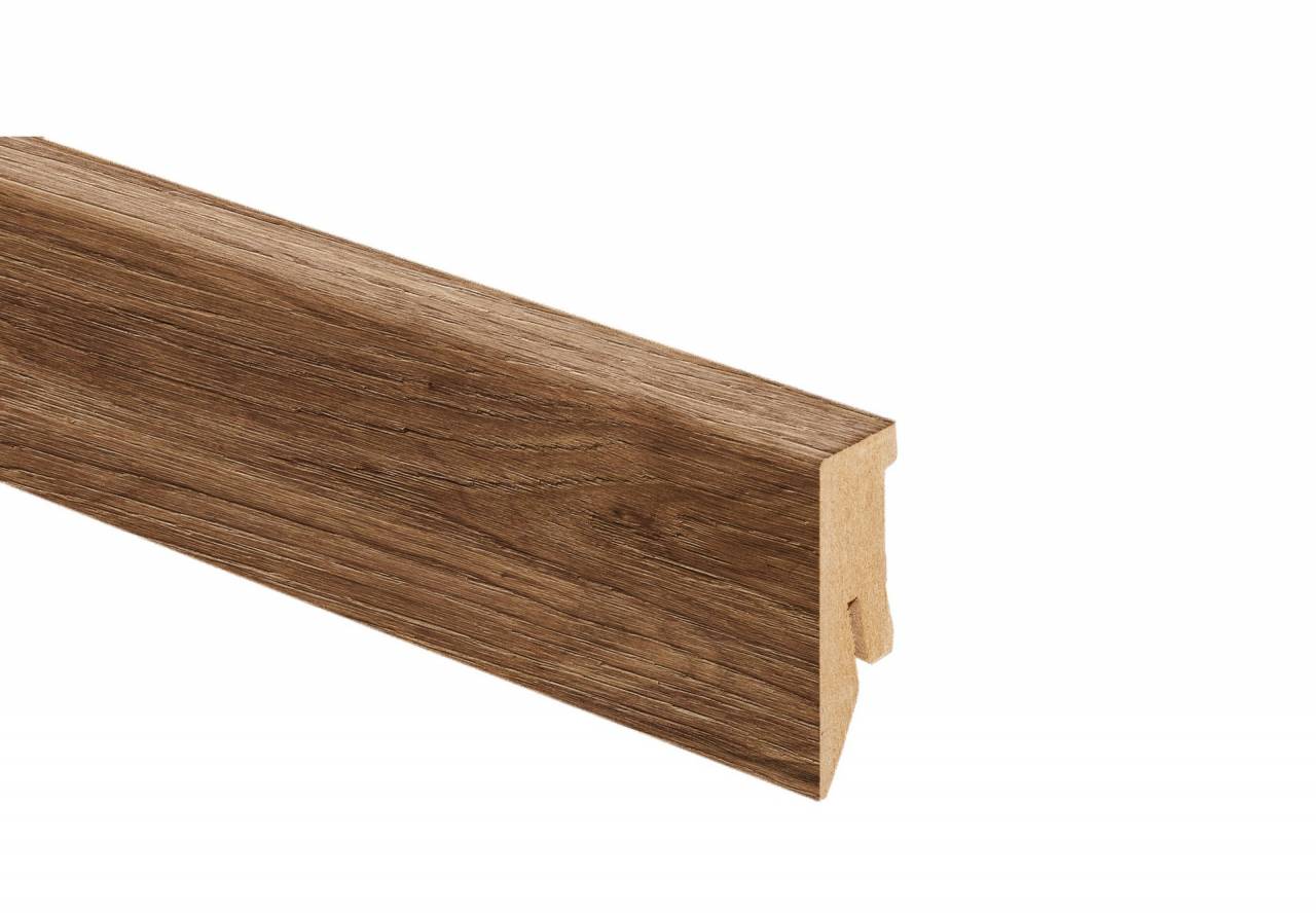 MDF wood floor sill with cable channel and height 50 mm. Suitable for laminate flooring in brown colour. Length 2.6 m.