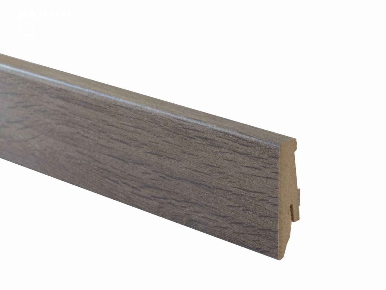 Wooden floor skirting with cable channel and height 50 mm. Suitable for laminate flooring in gray-brown color. . Length 2.6 m.