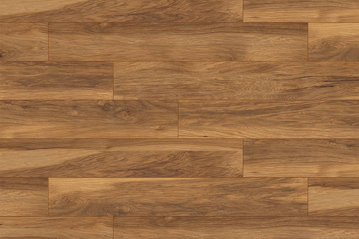 Close-up of "8155 Appalachian Hickory" flooring featuring detailed hickory-like grain patterns and natural shades.