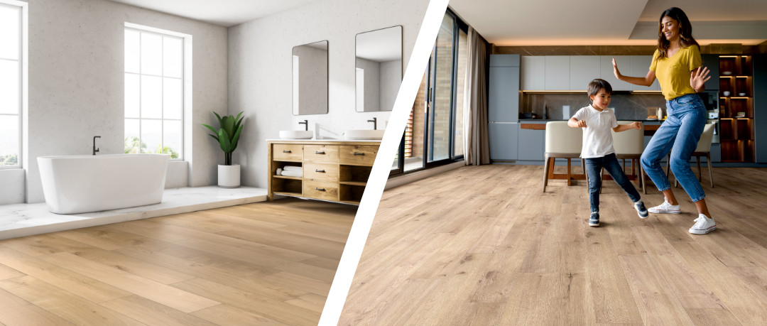 laminate or SPC. Laminate flooring is described as affordable luxury for living spaces, while SPC offers unmatched protection for moisture-prone areas.