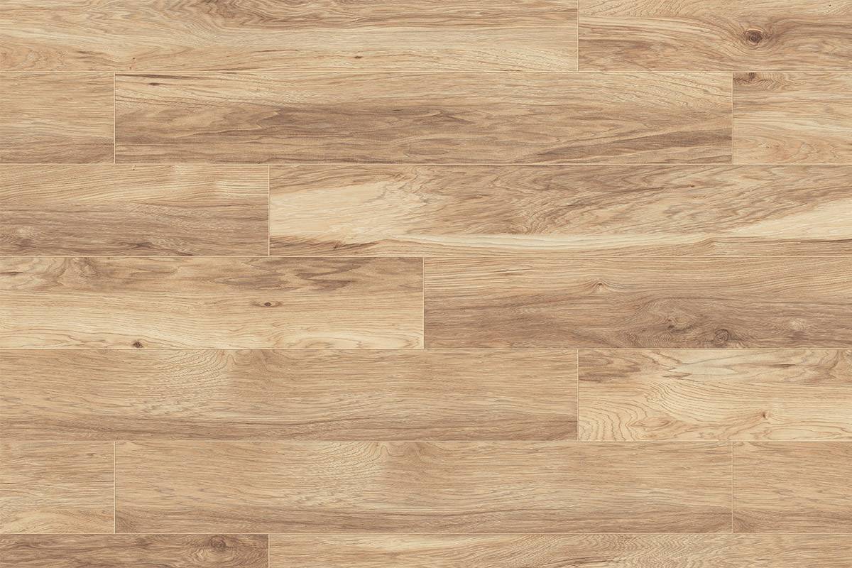 Close-up of '5943 Natural Hickory' flooring showcasing detailed hickory-like grain patterns and a blend of light and dark brown hues.