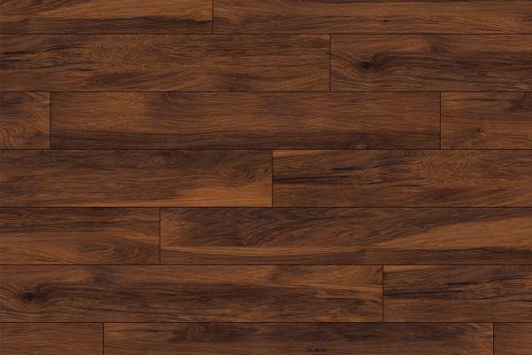 Close-up of '8156 Red River Hickory' flooring highlighting detailed hickory-like grain patterns and reddish-brown hues.